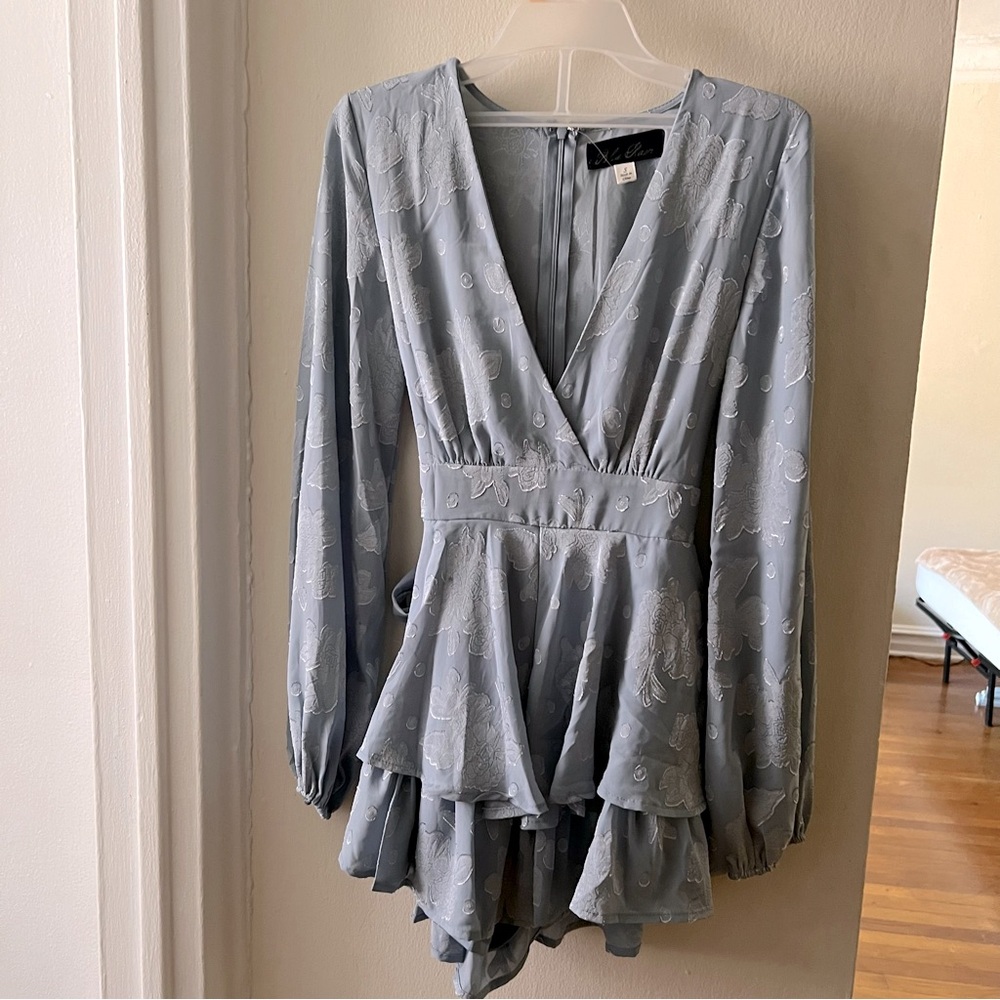 Light blue rose patterned long sleeve mini dress